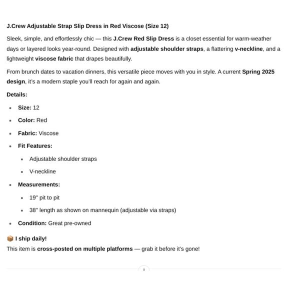 J.Crew SZ 12 Red Adjustable Strap Slip Dress in Red Viscose - Picture 6 of 6